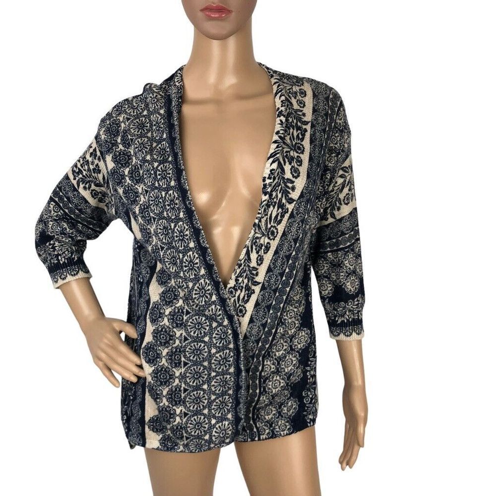 Knox Rose Floral Paisley Print Knit Cardigan Sweater Open Front Boho Navy Blue